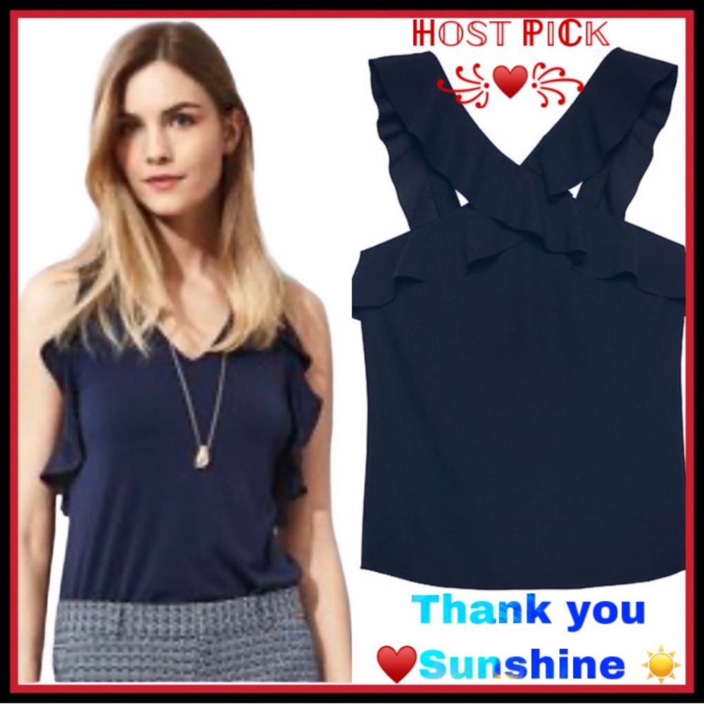 BANANA REPUBLIC NAVY CROSS FRONT NAVY RUFFLE TOP - Picture 8 of 8